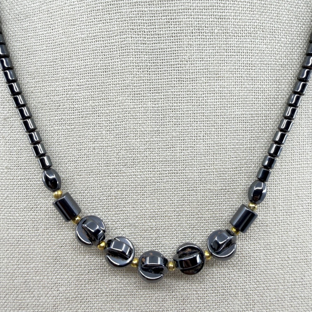 Black Hematite Look Carved Bead Necklace Gold Tone Gothic Statement Classic